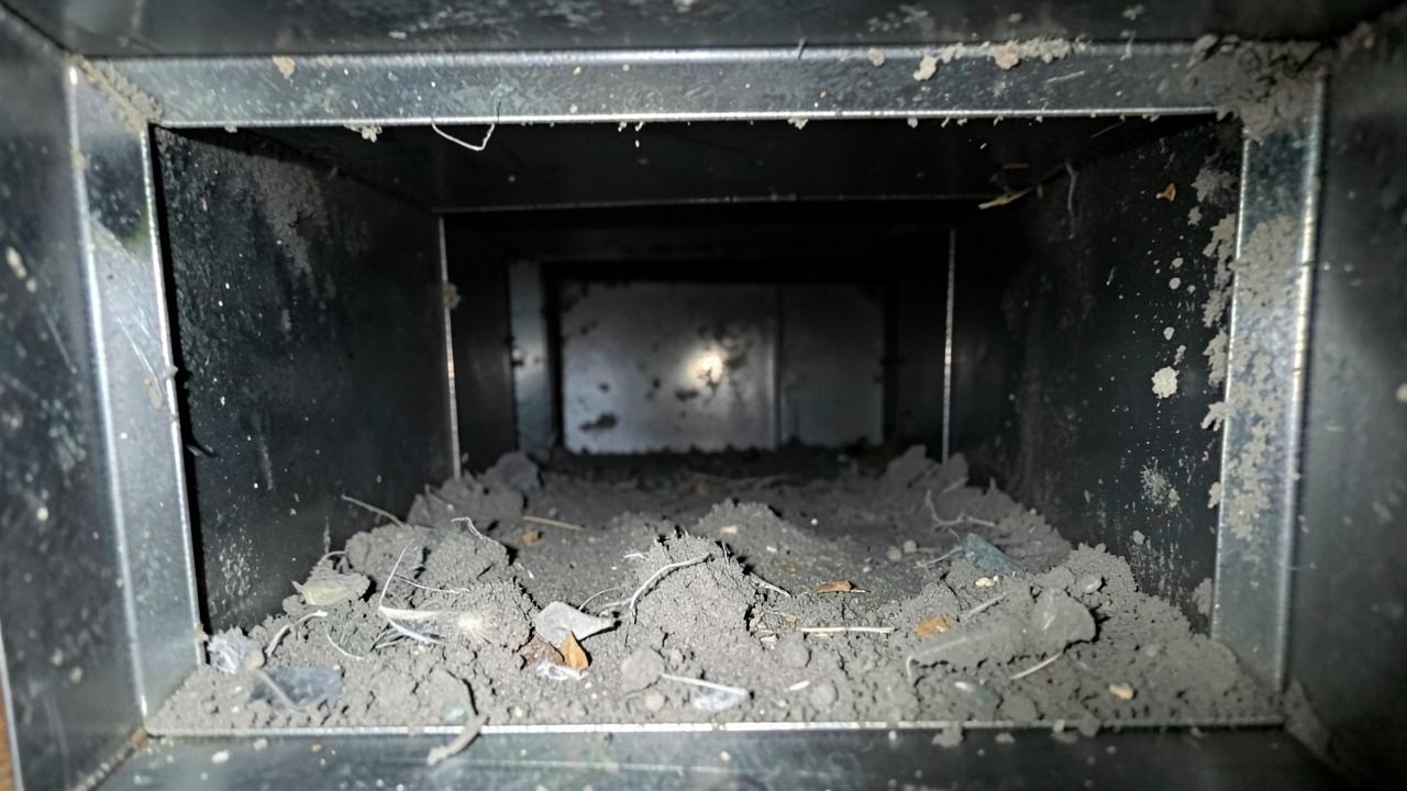 Main Trunk Line Duct Cleaning, Before: Inside a home air duct coated with thick dust and construction debris