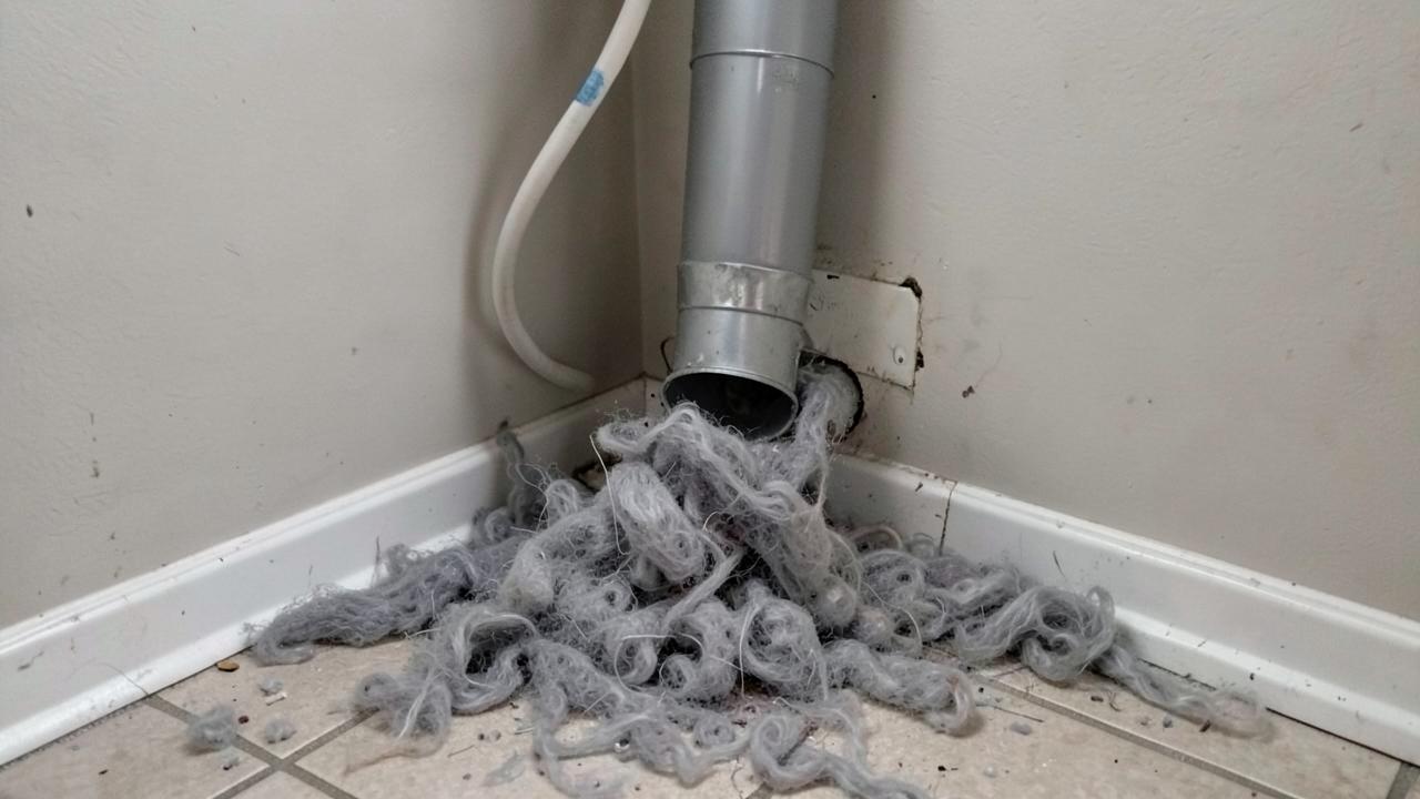 Dryer Vent Lint Removal, Before: Disconnected dryer vent with heavy lint buildup spilling onto the laundry room floor